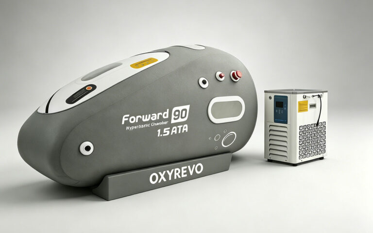 Oxyrevo Forward90 soft sitting hyperbaric chamber with integrated water chiller AC machine for summer cooling