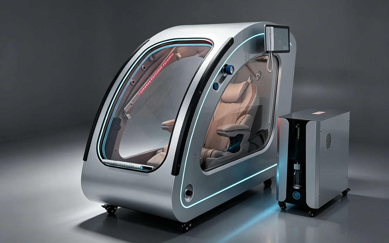 Space60 Pro with the all-in-one operating unit machine that houses the compressor, oxygen concentrator, and cooling